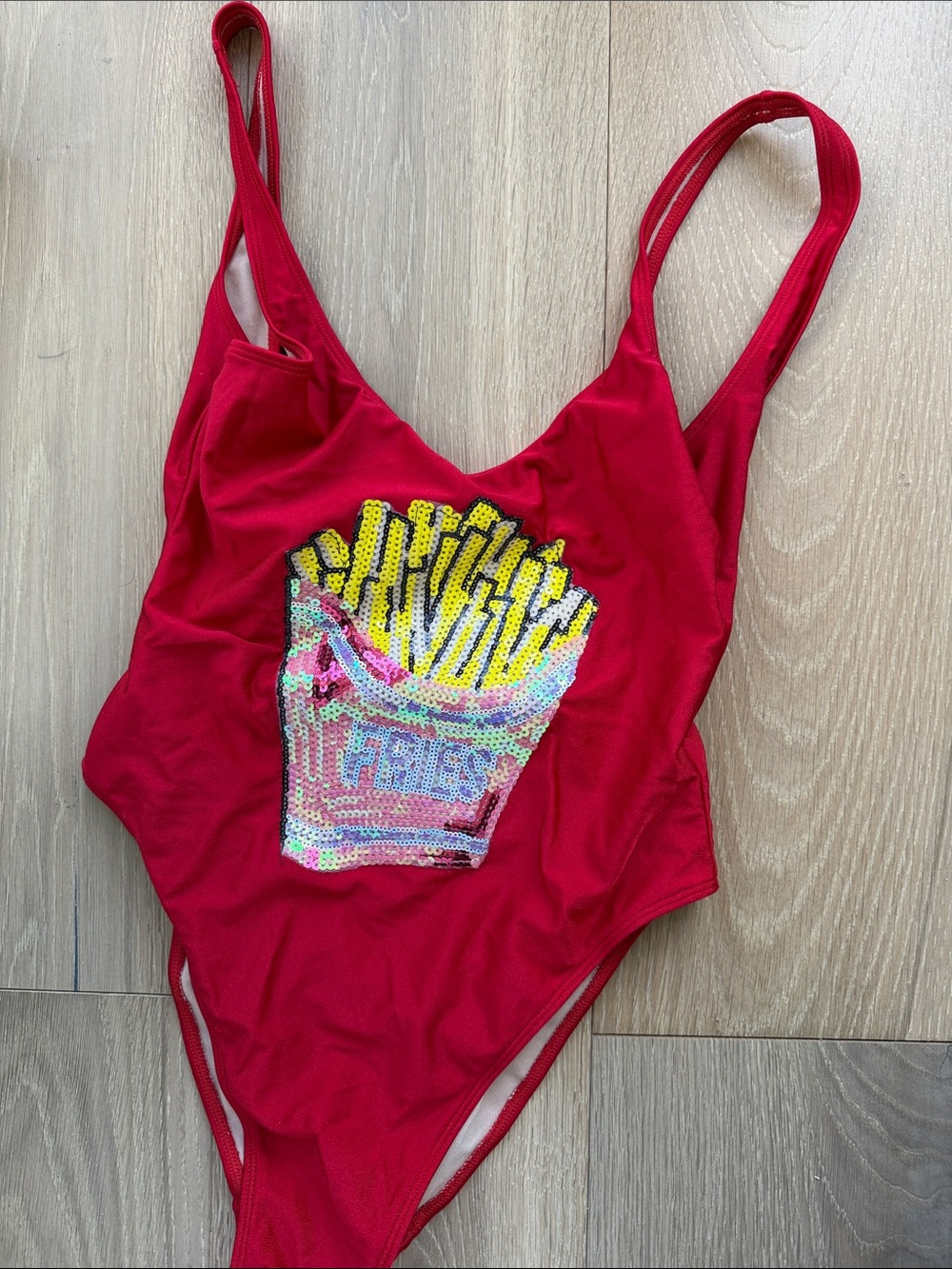 Women’s Red One-Piece Swimsuit with Sequin Fries Graphic